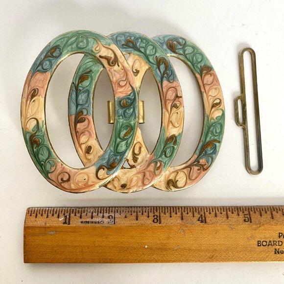 Retro Enamel Swirl Belt Buckle 3-Ring Large Green Blue Peach Goldtone 4.5x3.5in - Picture 10 of 12
